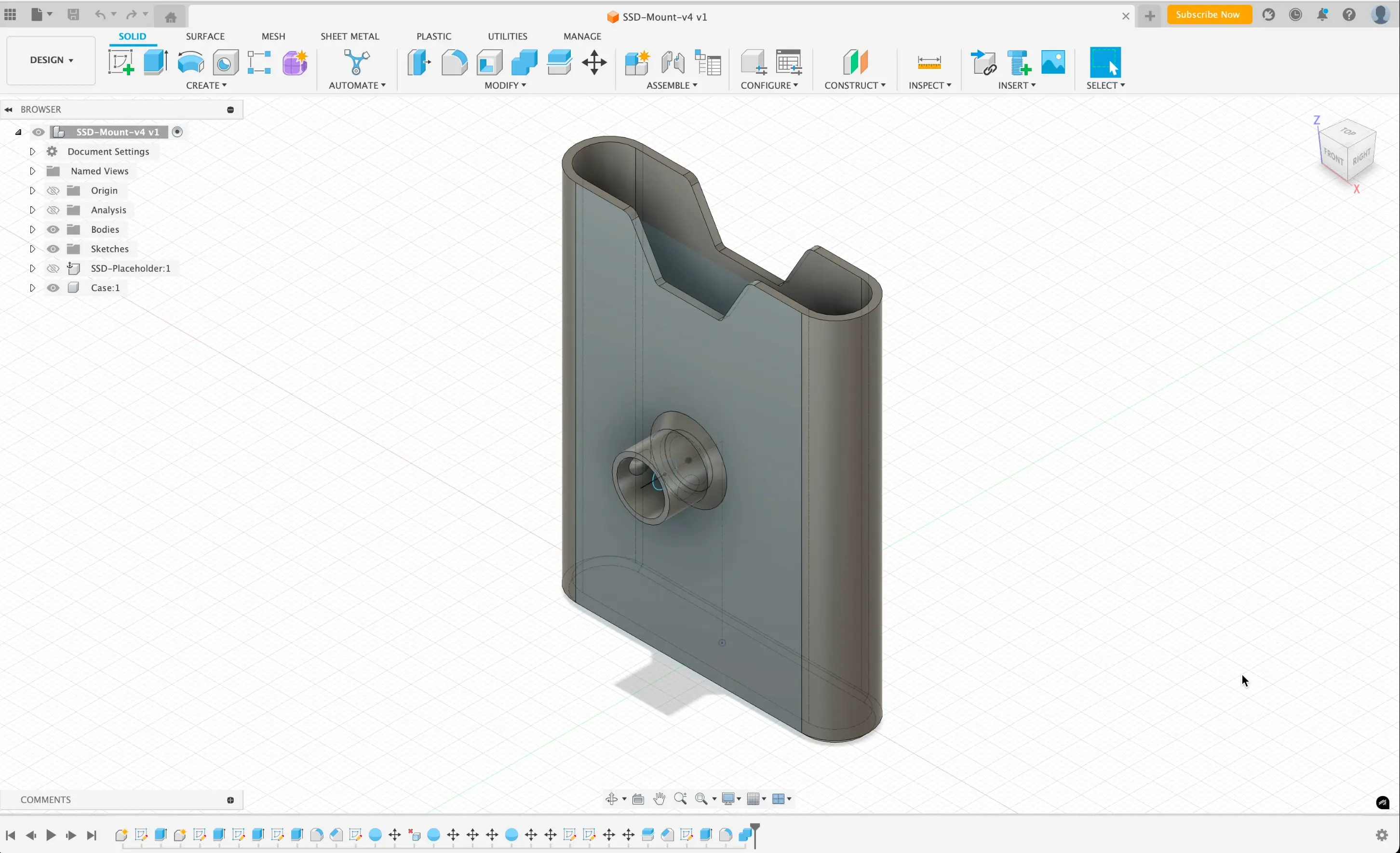 CAD screenshot of a SSD mount